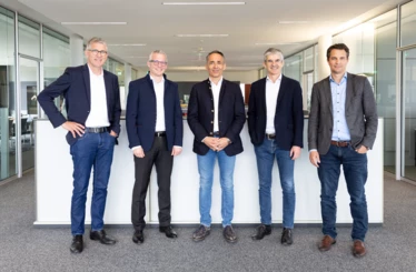 Leading the future of the Rhomberg Bau Holding and looking forward to reinforcement (from left to right): Martin Summer, Matthias Moosbrugger, Hubert Rhomberg, Ernst Thurnher, and Tobias Vonach.